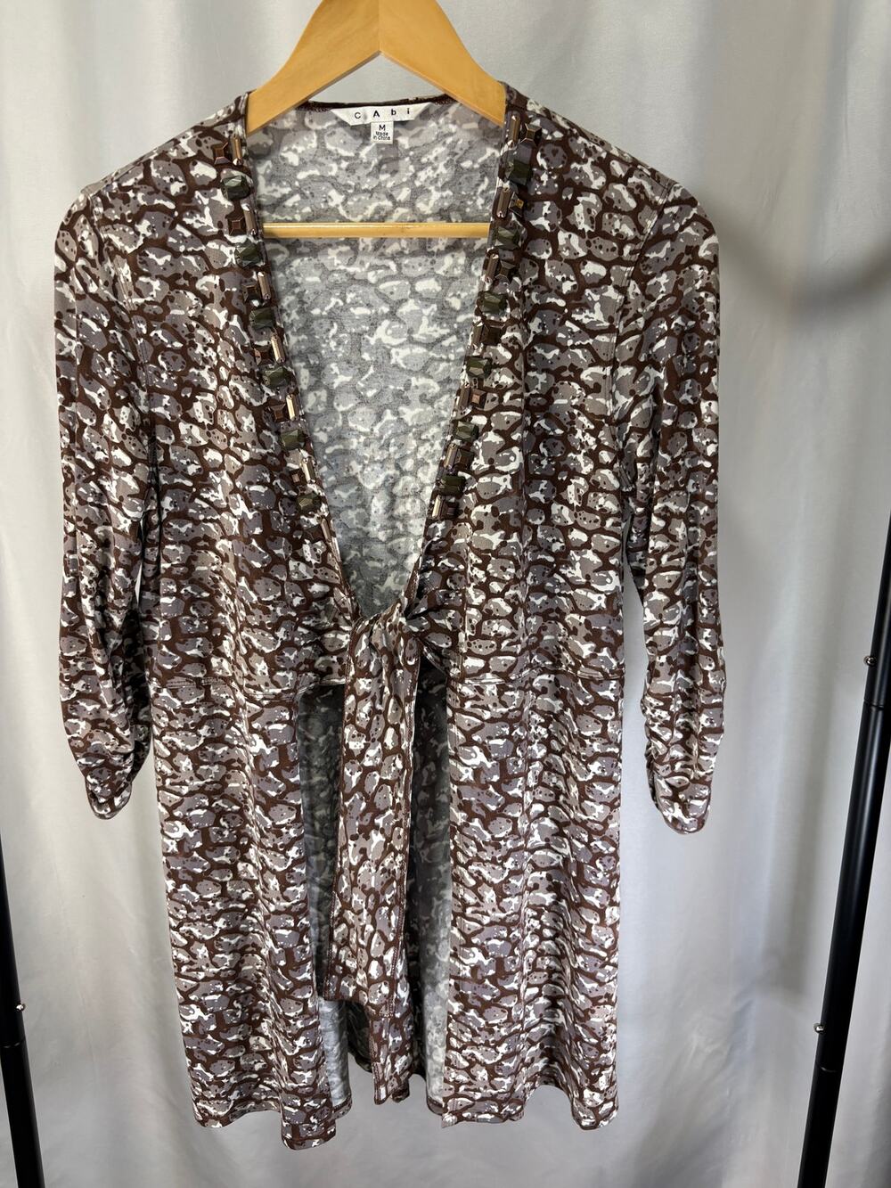 CAbi Cobblestone #907 Women M Brown Abstract Leopard Beaded Tie Cardigan